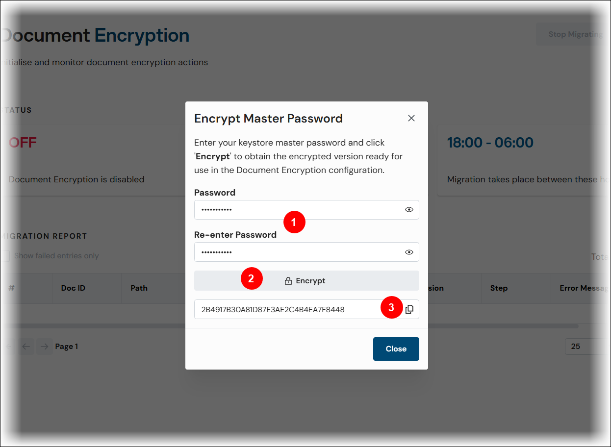 The Master Password window with passwords entered and an encrypted password generated.